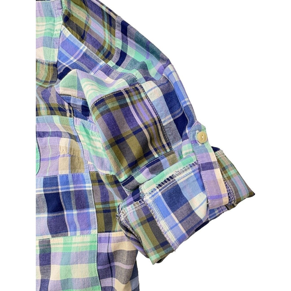 LL Bean Madras Patchwork Plaid Shirt Petite Roll Tab Sleeve Cottage MP - Picture 10 of 16